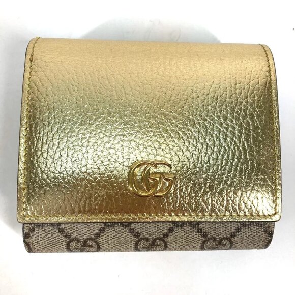 GUCCI Compact wallet GG Marmont Folded wallet Leather Gold/Beige - Picture 4 of 7